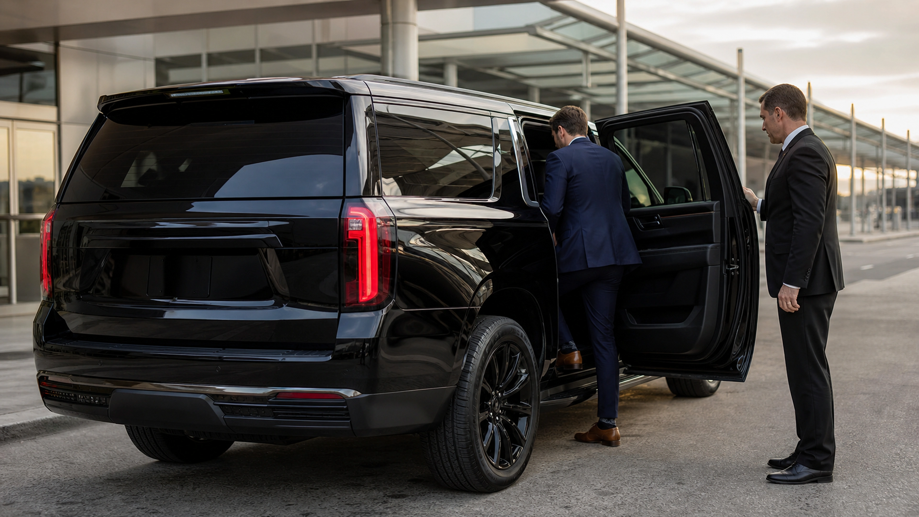 Airport Black Limo chauffeur holding a Chevrolet Suburban rear door as a business passenger enters